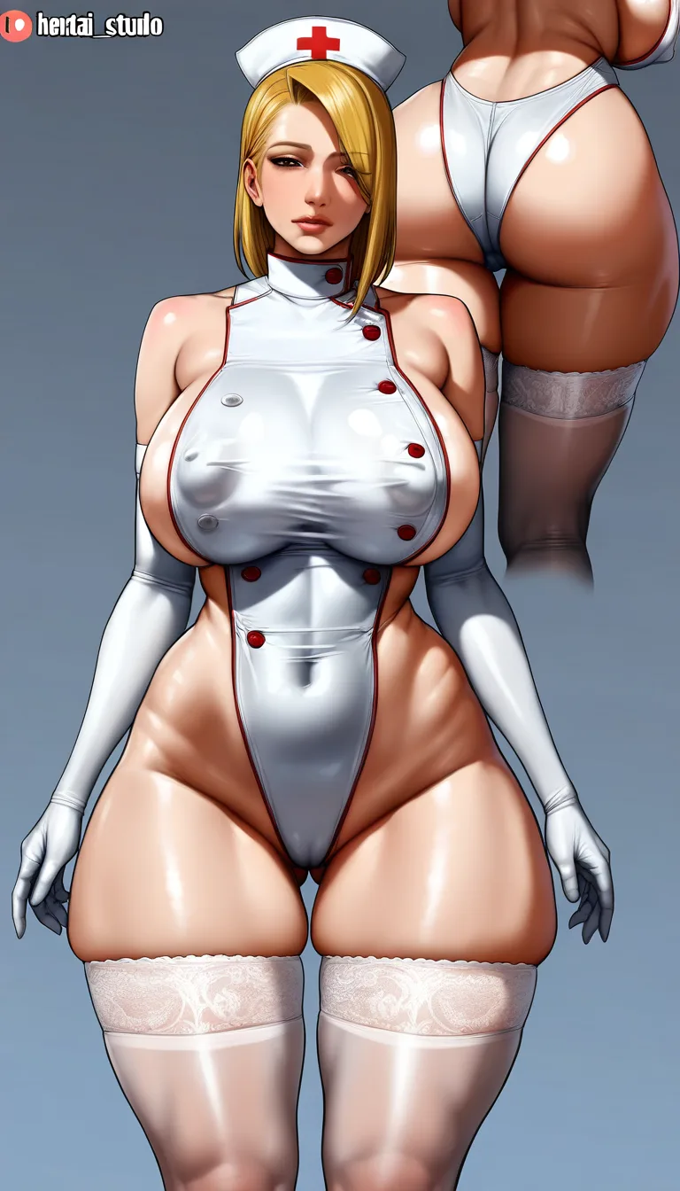 masterpiece, realistic, highly detailed, mature_female, (huge_breasts), breasts_bigger_than_head, covered_nipples, puffy_nipples, (wide_hips), (thick_thighs:1.2), strong_thighs, ass_visible_through_thighs, blonde_hair, short stylish_hair, eyes_visible_through_hair, elegant face, (white highleg backless sideless sleeveless nurse uniform white highleg_one-piece_swimsuit with high collar), nurse_cap, detailed clothes, alternate_costume, lace-up swimsuit, elbow_gloves, thighhighs, (multiple_views:1.2),, hentai_studio_quality