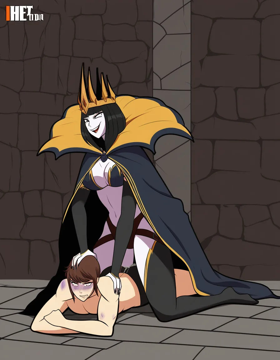Evil_queen, evil_smile , defeated, bruised, yuri, strapon, dungeon, prone, pounding, hentai_studio_quality