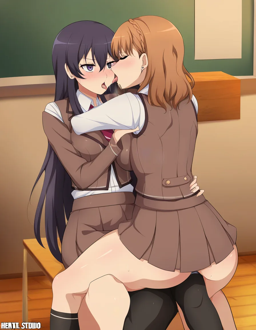 2girls yuri kiss school_uniform classroom straddling groping, hentai_studio_quality