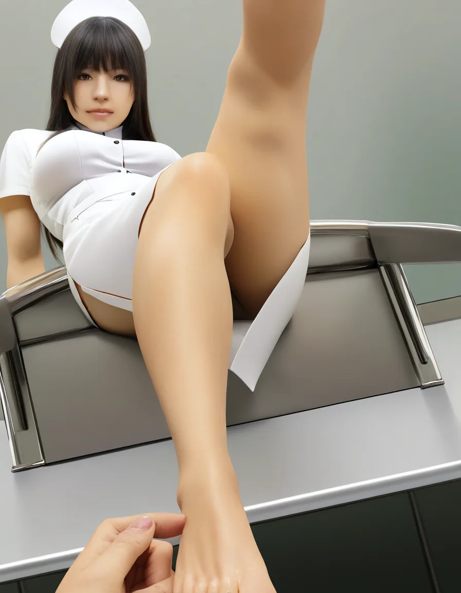 RAW photo, ultra realistic, nurse, feet, skirt, leg up, POV, natural skin texture, hentai_studio_quality