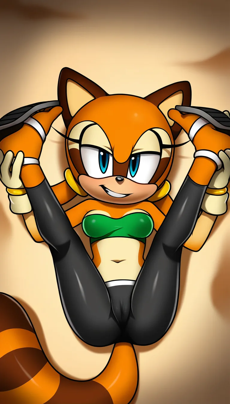 Masterpiece, Original style Marine The Raccoon from Sonic Adventure, looking_at_viewer , racoon tail, full body, natural perky medium breasts, lying on blanket, cameltoe, panties, lime green tube top with white trim, black capri leggings down, tan gloves, and lime green closed-toe sandals with white ankle-cuffs, beach background, legs up on air, teeth seductive smile, look at viewer ... single continuous shot, full widescreen view, one single image, uninterrupted scene, no borders, no panels, wide angle cinematic photograph, single perspective, edge-to-edge frame.,, hentai_studio_quality, hentai_studio_quality