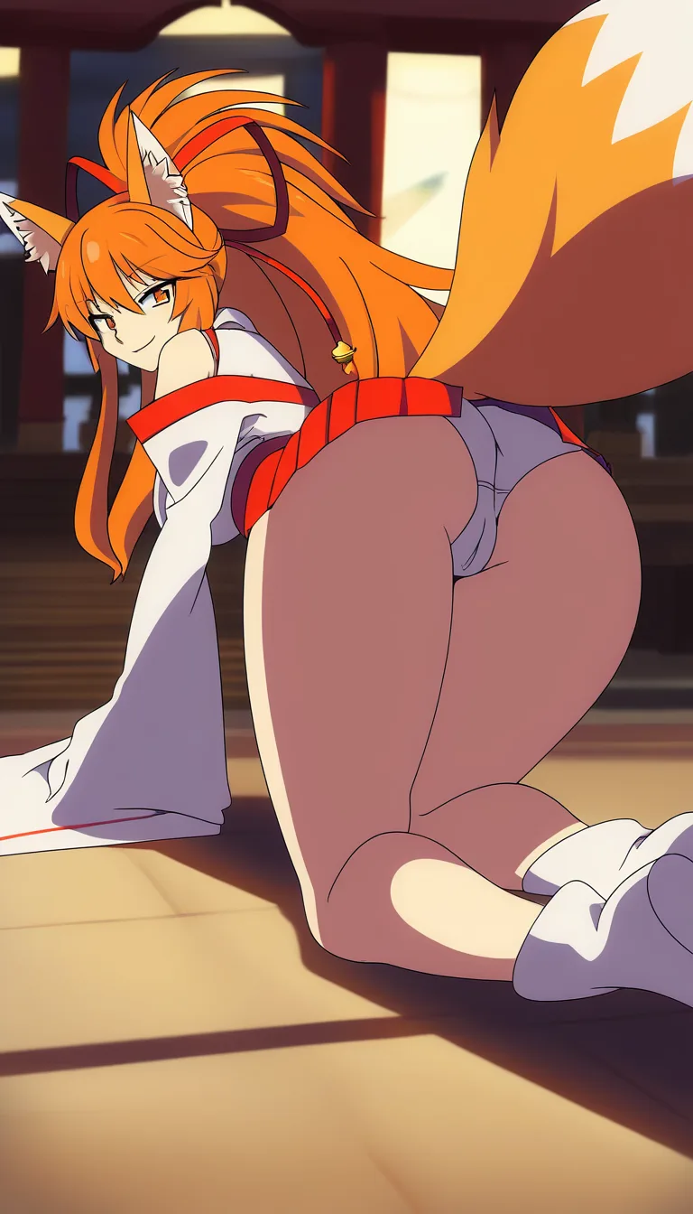 1 Masterpiece, 1girl, natural perky medium breasts, beige fur, panties, beside ass, smile, Cameltoe, outfit, from behind, lying on ground, thighs together, Ceroba Ketsukane, Kitsune (fox-like monster), no fox tail, humanoid anthropomorphic fox, beige fur, long wavy ginger-orange hair, donning attire modeled after a modified miko (shrine maiden) uniform, short kimono, short white dress where the top is structured like a traditional Japanese kimono, complete with red trimmings along the collar, hem, sleeves, thick red obi sash is tied around her waist to secure the dress, hair is held up in a high ponytail using a piece of red ribbon featuring a small gold bell right at the center, standard white boots that feature red trim along top edges, Her head features prominent fox ears, cozy disty office for single worker room background ... single continuous shot, full widescreen view, one single image, uninterrupted scene, no borders, no panels, wide angle cinematic photograph, single perspective, edge-to-edge frame ... modern digital drawing style, clean monoline ink linework, flat cel shading with minimal soft gradients, vibrant color palette with high-contrast accent tones, minimalist geometric background elements, crisp vector-like finish, contemporary graphic illustration.,, hentai_studio_quality
