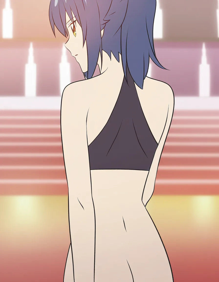 best quality, half naked. Back to audience, (anime style:1.3), 2d, anime screencap, cel shading, flat color