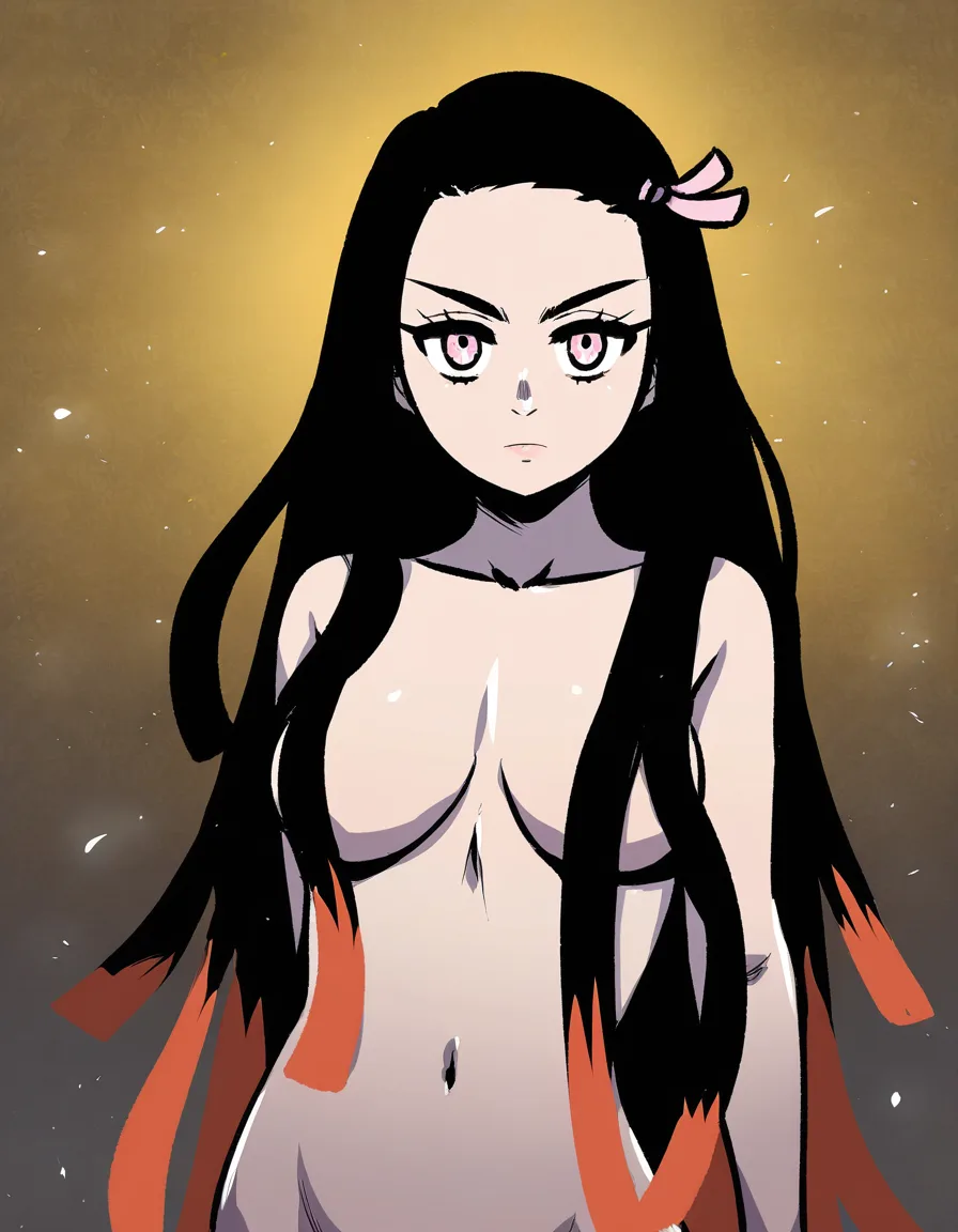 #akairiot_artstyle, @kamado_nezuko, 1girl, solo, aged_up, medium_breasts, nude, serious, facing_viewer, looking_at_viewer, hentai_studio_quality