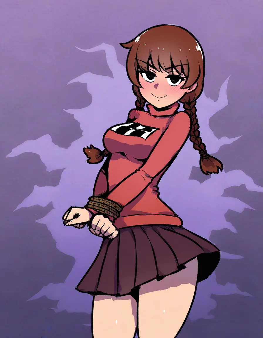 #akairiot_artstyle, @madotsuki, yume_nikki, 1girl, solo, aged_up, medium_breasts, brown_hair, twin_braids, blush, naughty_face, print_sweater, checkered_sweater, pleated_skirt, bound_wrists, rope, legs, full_body, standing, looking_at_viewer, from_side, hentai_studio_quality