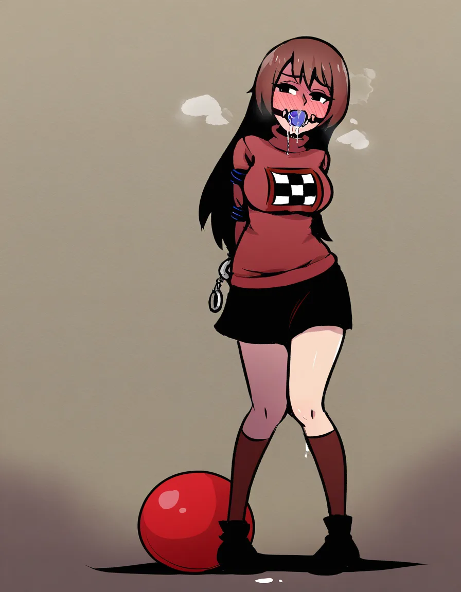 /ultra_detailed, #akairiot_artstyle, @madotsuki, yume_nikki, 1girl, solo, aged_up, medium_breasts, hair_down, blush, ball_gag, saliva, drooling, naughty_face, full_body, standing, from_side, arms_behind_back, bound_wrists, handcuffs, sweater, skirt, hentai_studio_quality