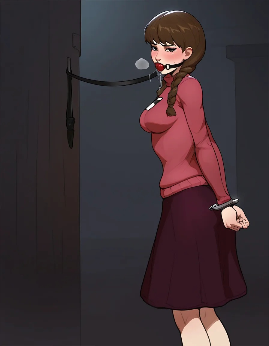 /ultra_detailed, #tarakanovich_artstyle, @madotsuki, yume_nikki, 1girl, solo, aged_up, medium_breasts, twin_braids, blush, ball_gag, saliva, drooling, naughty_face, full_body, standing, from_side, arms_behind_back, bound_wrists, handcuffs, sweater, skirt, hentai_studio_quality