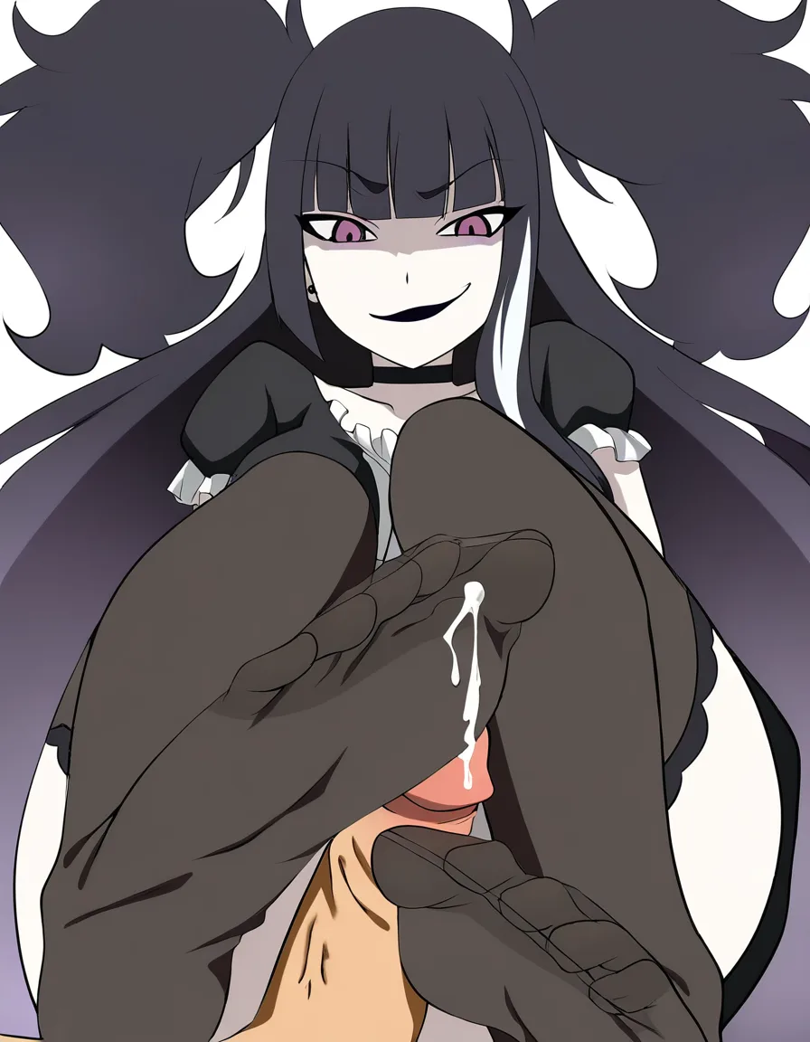 masterpiece, best quality, highly detailed, anime style, hentai, 20 year old goth girl, pale skin, long black hair with bangs, heavy black eyeliner, dark lipstick, black choker, wearing black sheer stockings, footjob, soles and toes pressing against cock, ruining orgasm, man cumming weakly, interrupted climax, frustrated pleasure expression on the man, girl looking down with a smug smirk, detailed feet in stockings, shiny fabric, precum and cum on stockings, dynamic angle, sharp focus, hentai_studio_quality, hentai_studio_quality, (anime style:1.3), 2d, anime screencap, cel shading, flat color