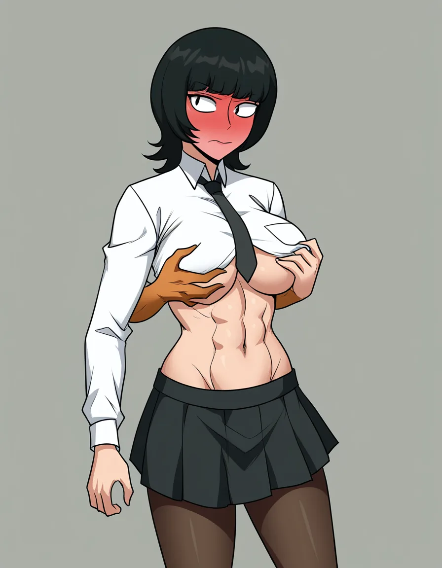 Female, athletic body shape, naked, holding breast with one hand, rubbing vagina with other, skirt on, shirt off, wolf cut, black hair, blushing, above average boob size., hentai_studio_quality