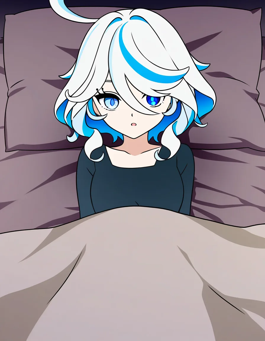 @furina_(genshin_impact) bedroom lying_on_bed pillow looking_at_viewer from_front, (anime style:1.3), 2d, anime screencap, cel shading, flat color