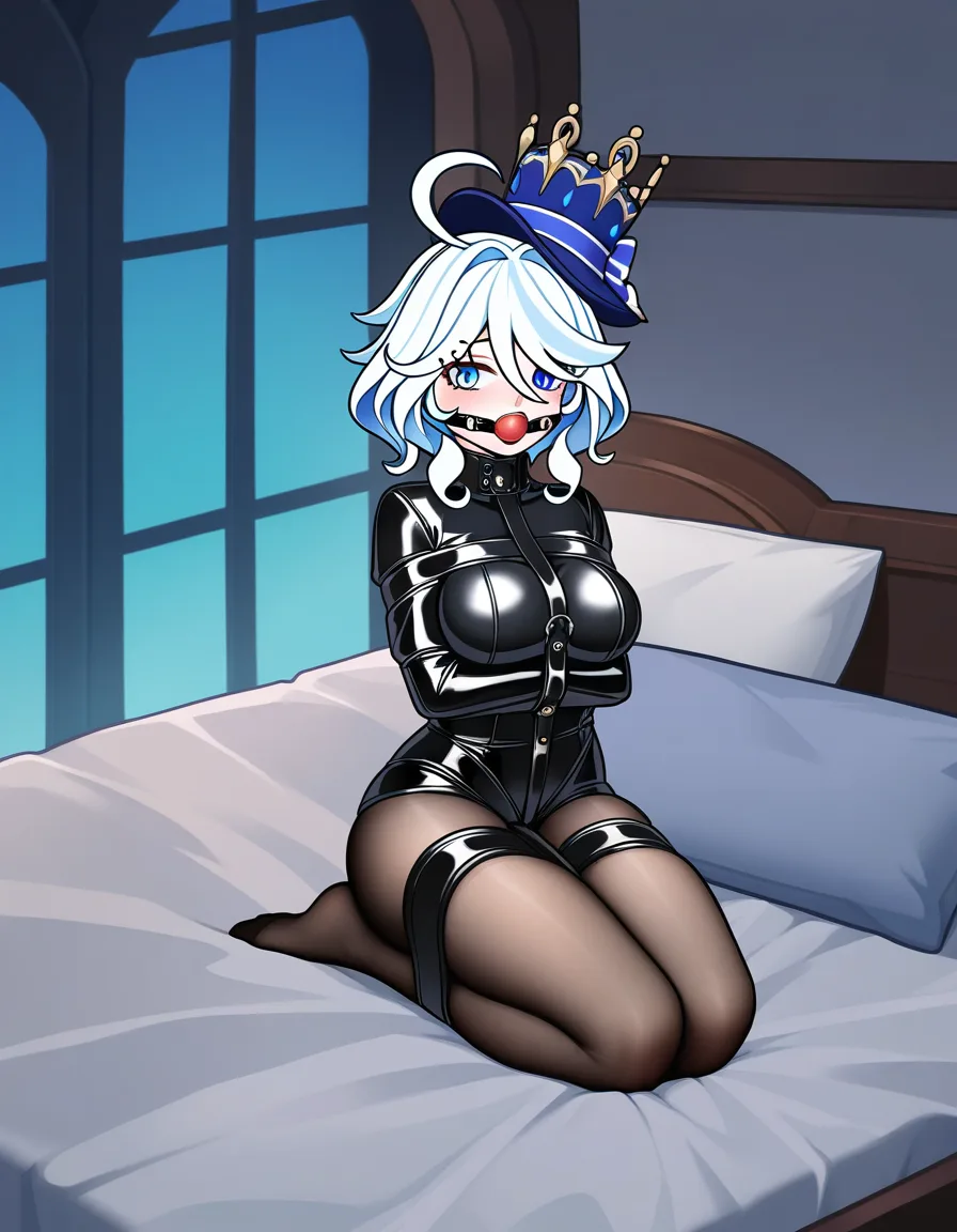 @furina_(genshin_impact) , seiza, bedroom, bed leather_straitjacket, restrained, bondage, arm_under_breast, ball_gag, black_pantyhose, full body view, leather_mitten, plain_coloring, /highres,, hentai_studio_quality