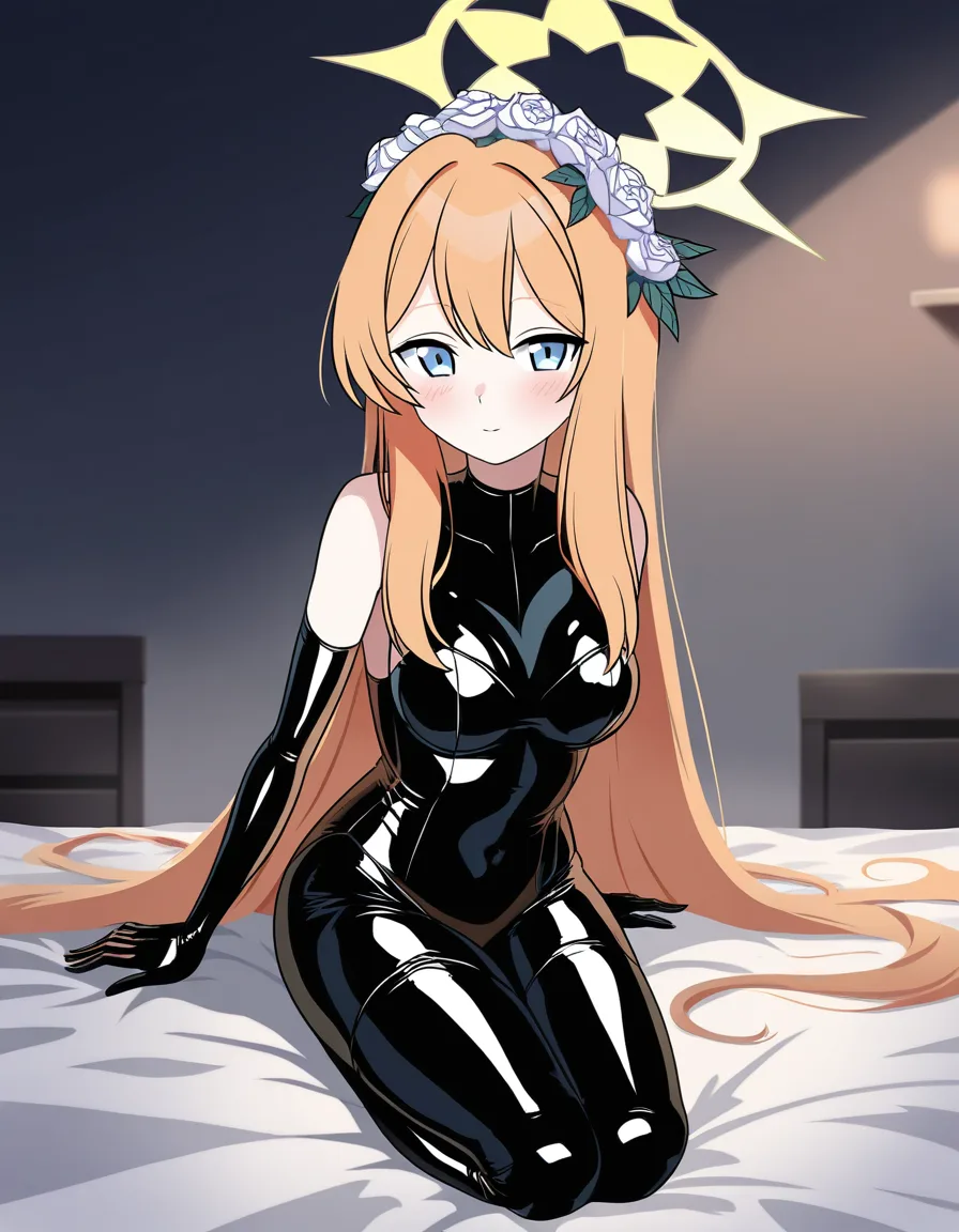 iochi_mari(blue_archive) bedroom seiza on_bed latex looking_at_viewer, /ultra_detailed, hentai_studio_quality