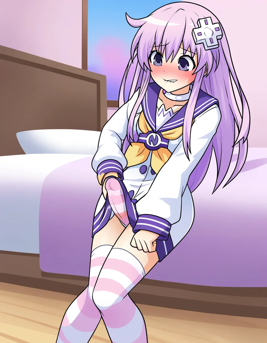 @nepgear, detailed shading, masterpiece, futanari, embarrassed, biting lip, erection_under_clothes, masturbation, bedroom, hentai_studio_quality