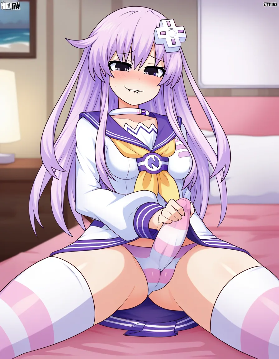 @nepgear, detailed shading, masterpiece, futanari, biting lip, erection_under_clothes, cameltoe, masturbation, bedroom, hentai_studio_quality