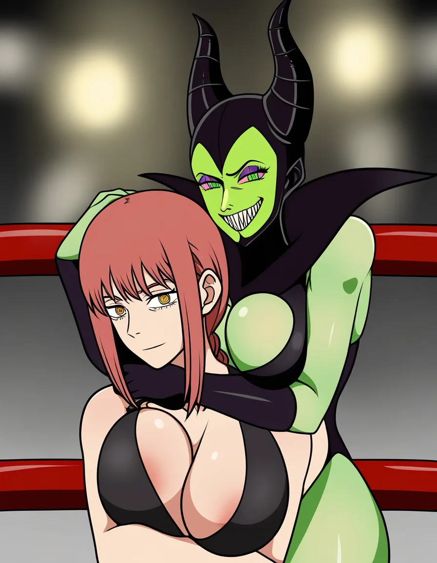 2girls_focus , maleficent evil_grin, @makima_(chainsaw_man) , wrestling_ring breast_press , confident, hentai_studio_quality, hentai_studio_quality