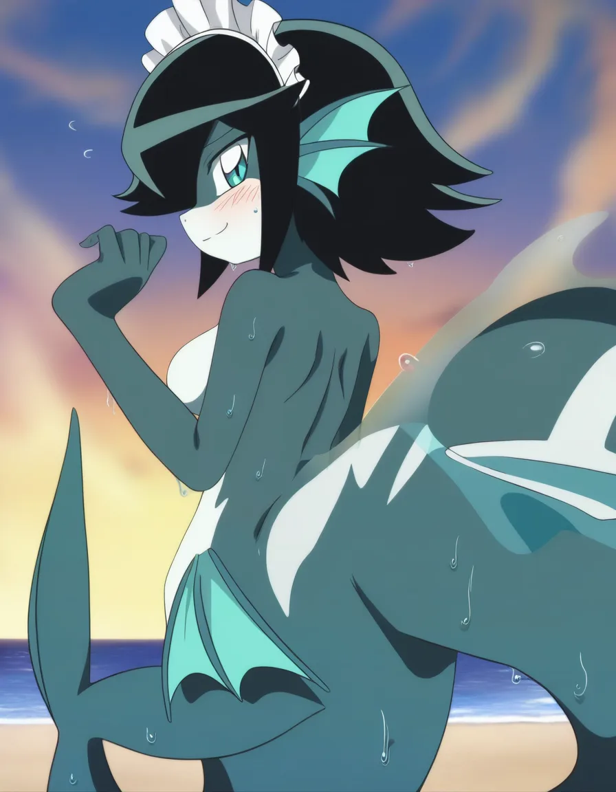 masterpiece, best quality, polished modern 2D anime illustration, outdoor beach scene, adult fictional woman age 25, solo maid-mermaid, short black hair with teal-blue underside and tips, white frilly maid headband, fair wet skin, teal eyes, soft blush, small smile, topless bare breasts, dark teal navy scaled mermaid tail, white frill at waist, large light-blue translucent fluke, no other characters, dynamic full-body three-quarter view, she slides from wet sand into shallow turquoise foamy seawater, tail curling and making a large splash, visible beach shoreline, sunset sky, droplets and white foam, playful expression, consistent character design, (anime style:1.3), 2d, anime screencap, cel shading, flat color