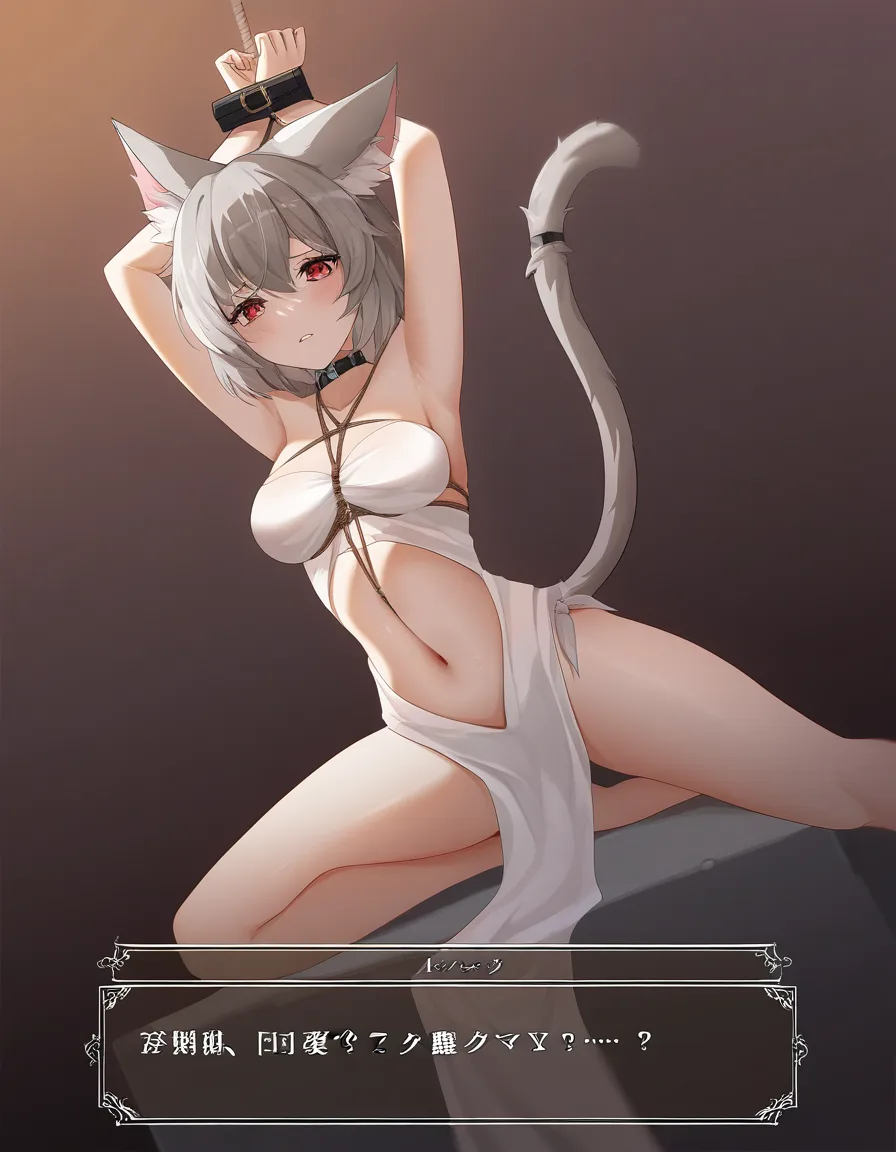 masterpiece, clean art, catgirl, navel, dress, bondage, gradient background, visual novel art, hentai_studio_quality