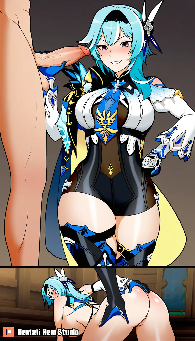 Masterpiece, Genshin Impact style, 1girl, Eula Lawrence, suck pov shaved cock, blowjob, Haughty smile, , standing.,, hentai_studio_quality, hentai_studio_quality, hentai_studio_quality, hentai_studio_quality, hentai_studio_quality