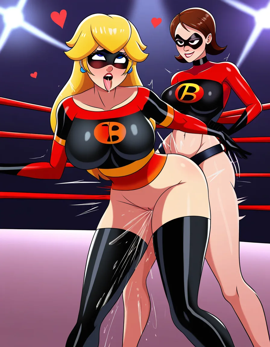 Elastigirl_(incredibles) , @princess_peach , 2girls yuri sex , wrestling_ring, wrestling orgasm pussy_juice, defeated, squirting , strap-on vaginal_object_insertion, ahegao, nude doggystyle,, hentai_studio_quality