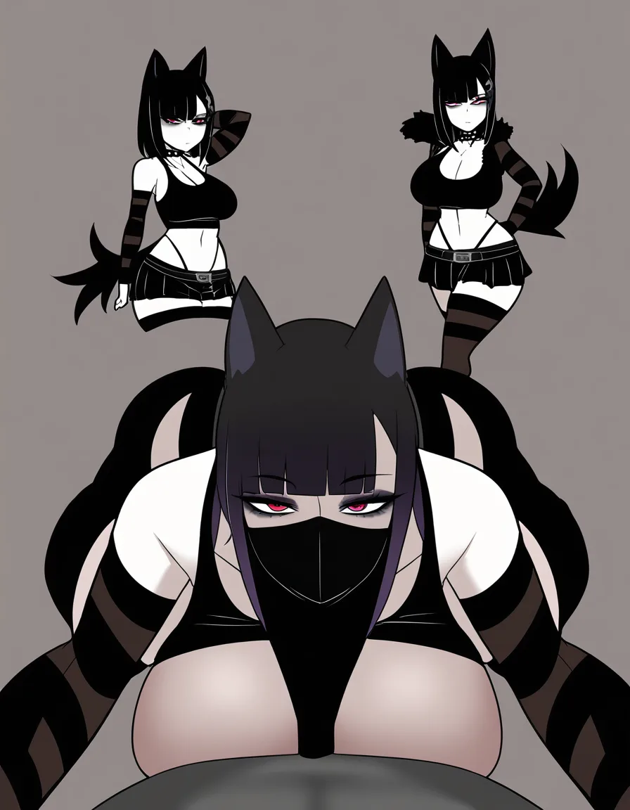 best quality, polished, dog_girl, miniskirt , tank_top , goth, makeup , straddling , black man, full_body , #style_parody #multiple_views, hentai_studio_quality