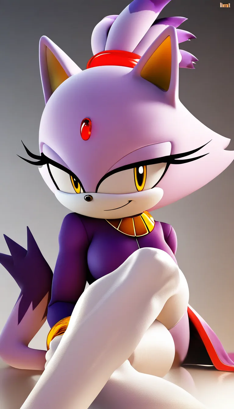 Blaze the Cat, classic Sonic franchise art style, wide white muzzle, feline nose, mature adult female anthropomorphic cat, purple fur, red forehead jewel, gold collar. (Art Style: High-end modern 3D cel-shaded digital illustration, glossy white legwear, thin precise lineart, polished lighting, volumetric warm golden rim light, soft gradient shadows, semi-realistic anime style, reflective glossy floor, thin black outlines). Confident smirk, half-lidded seductive eyes, pulling leggings down, sitting on a luxurious floor. Masterpiece, sharp focus, digital painting, warm ambient background., hentai_studio_quality, hentai_studio_quality, hentai_studio_quality