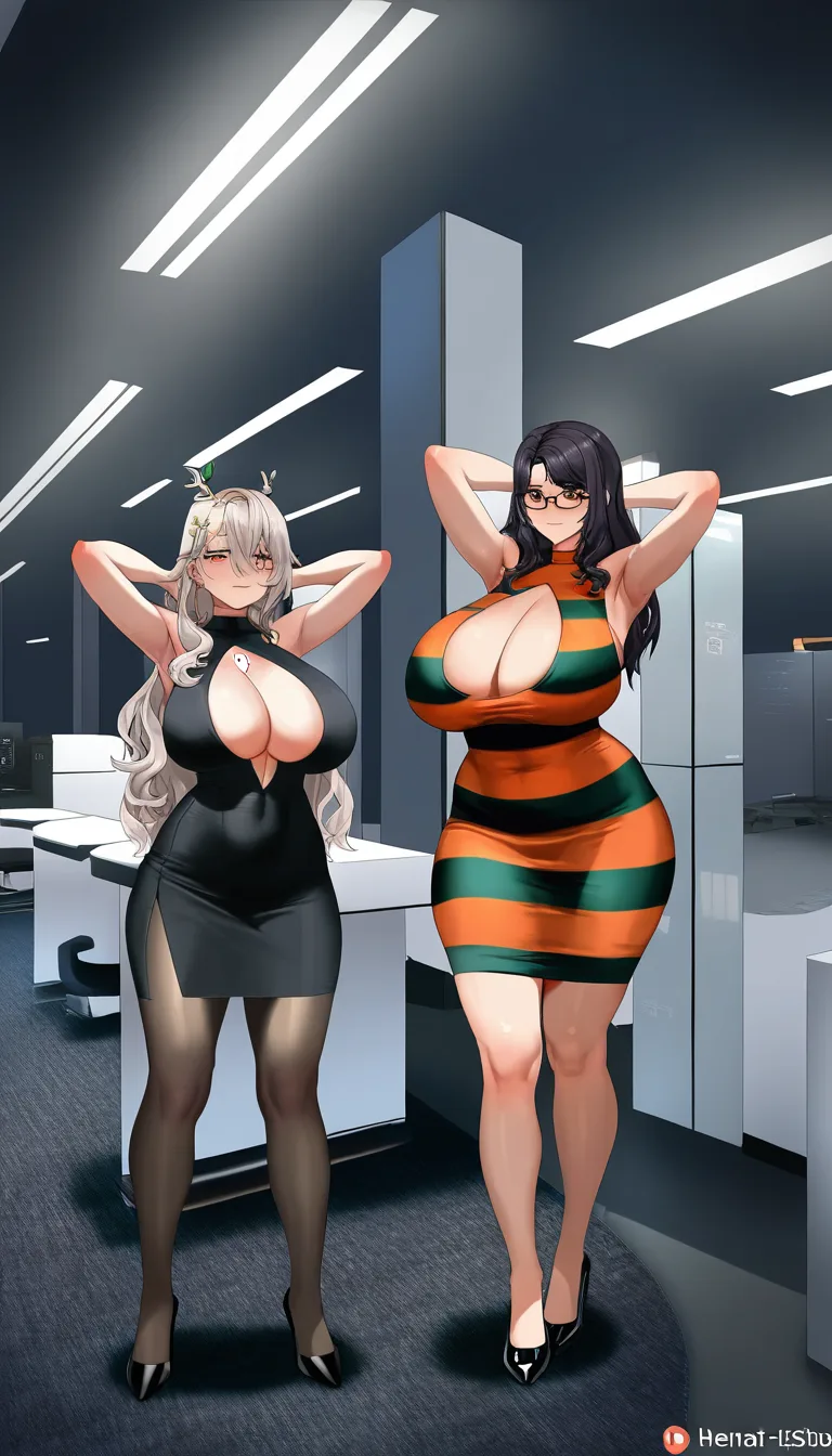 cinematic photo, 8k, full-body curvy woman standing in a corporate office setting. She has short dark wavy hair in a bob and wears brown-framed glasses, Latina. She is wearing a tight, sleeveless, burgundy and black horizontally striped dress featuring a high mock-neck, a prominent teardrop keyhole cutout on the chest where huge breasts_out , and side cutouts. She is also wearing black high-heel pumps. The background shows a brightly lit office environment with cubicles, orange and teal partition walls, office chairs, and patterned grey carpet under fluorescent lighting. Arms behind head. Swaying huge exposed breasts.