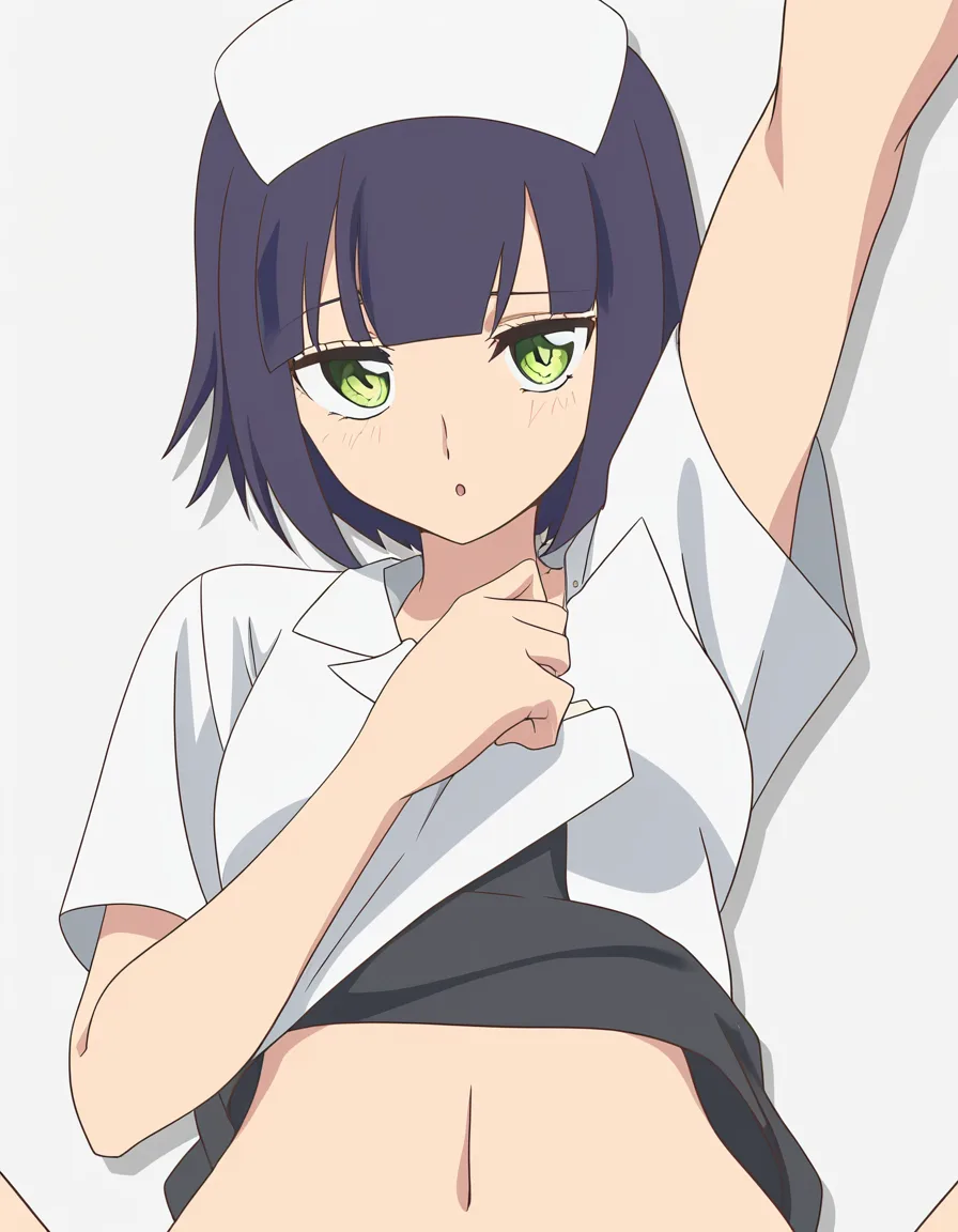 highly detailed, sharp, nurse, presenting, petite adult woman, short hair, white background, soft cel shading, (anime style:1.3), 2d, anime screencap, cel shading, flat color, @00osamio00
