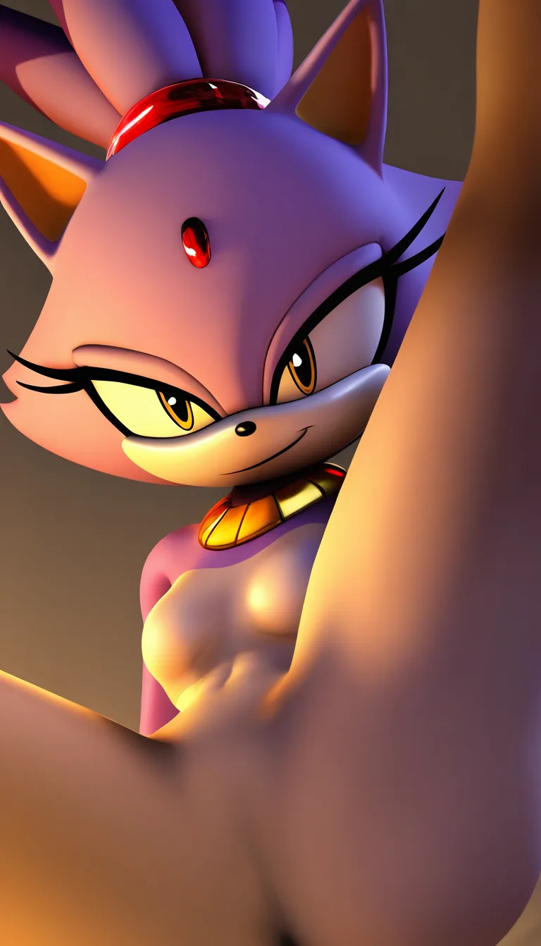 Blaze the Cat, mature female, purple fur, red jewel, gold collar. (Style: 2.5D cel-shaded digital illustration, semi-realistic lighting, volumetric rim light, glossy highlights on white clothing, thin sharp black outlines, soft gradient shading on muzzle, high quality modern anime painting, warm golden ambient light, 3D depth but flat linework). Confident sultry smirk, pulling leggings down, seductive pose, highly detailed, masterpiece, polished digital art., hentai_studio_quality