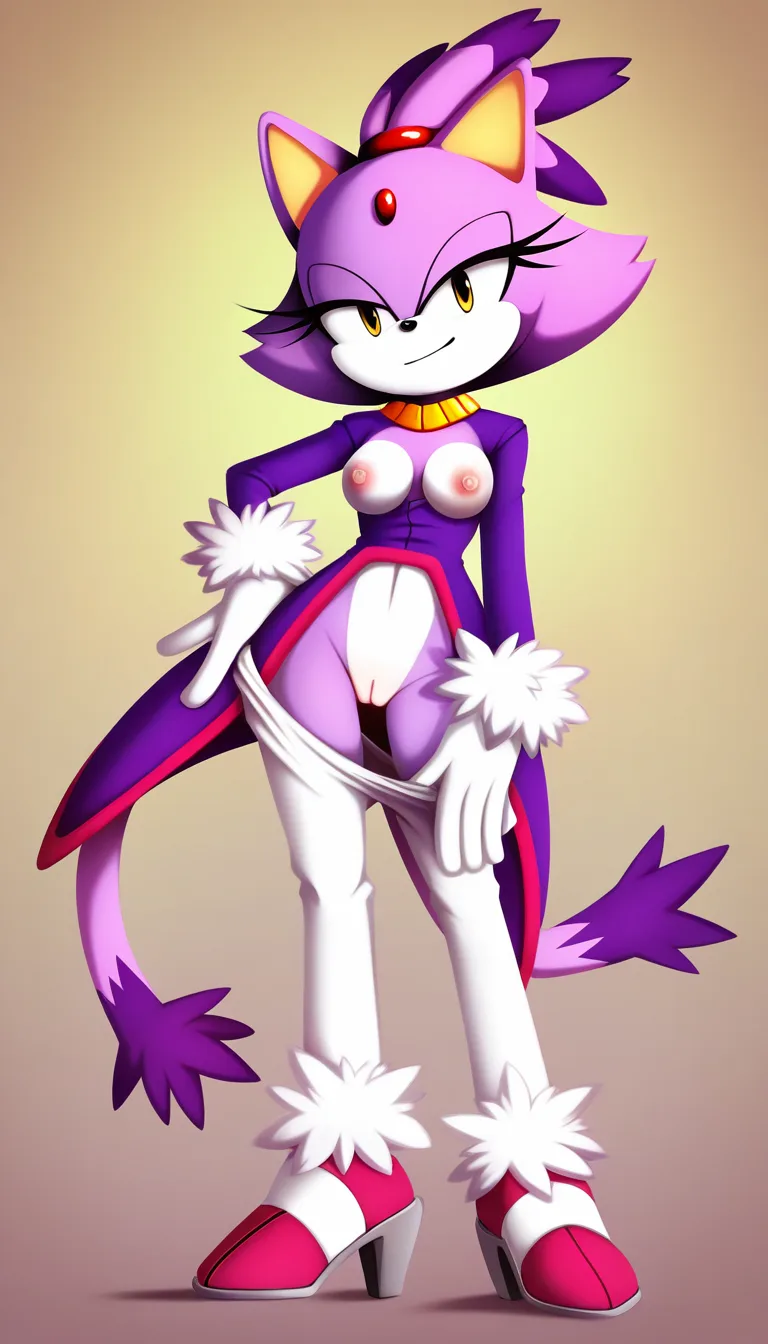Blaze the Cat, mature adult female, purple fur, red jewel,a royal purple tailcoat with rose-pink trim, a gold neck collar, white leggings, white gloves with fluffy white cuffs, and rose-pink high-heeled shoes with matching fluffy cuffs gold collar. (Style: Saturated digital painting, 2D art with painted volume, rich vibrant colors, anime illustration, soft painted shadows, painted highlights (not reflective), flat cell-shading blended with airbrush, high saturation, hand-drawn look). Confident smirk, half-lidded eyes, pulling leggings down, seductive pose,pussy, nipples,  warm background, Masterpiece, fine art, stylized, matte finish, no reflections, vivid colors, high contrast, saturated palette, hentai_studio_quality, hentai_studio_quality, hentai_studio_quality, hentai_studio_quality, hentai_studio_quality