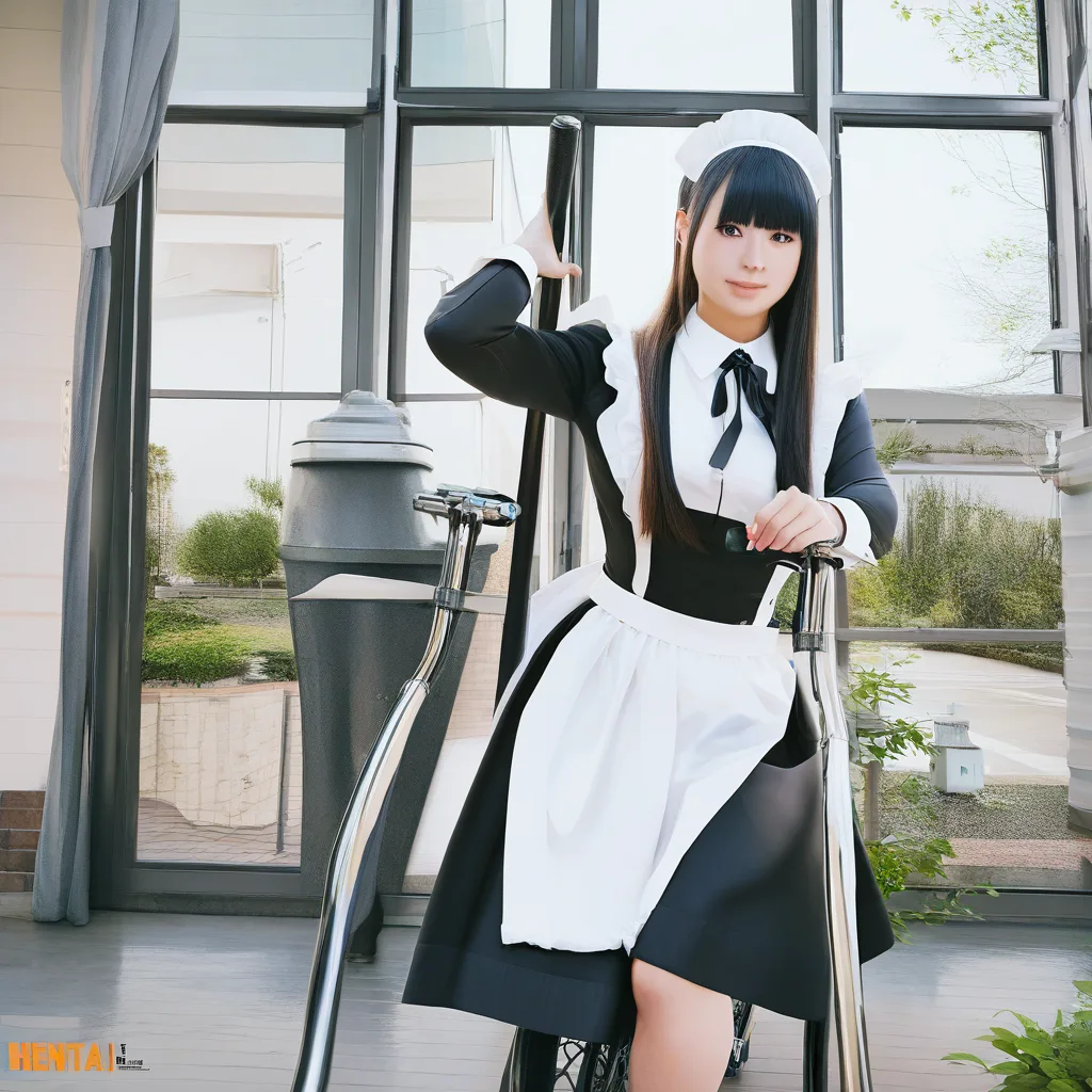 professional photo, high detail, maid, blunt bangs, ribbon, riding, studio photo