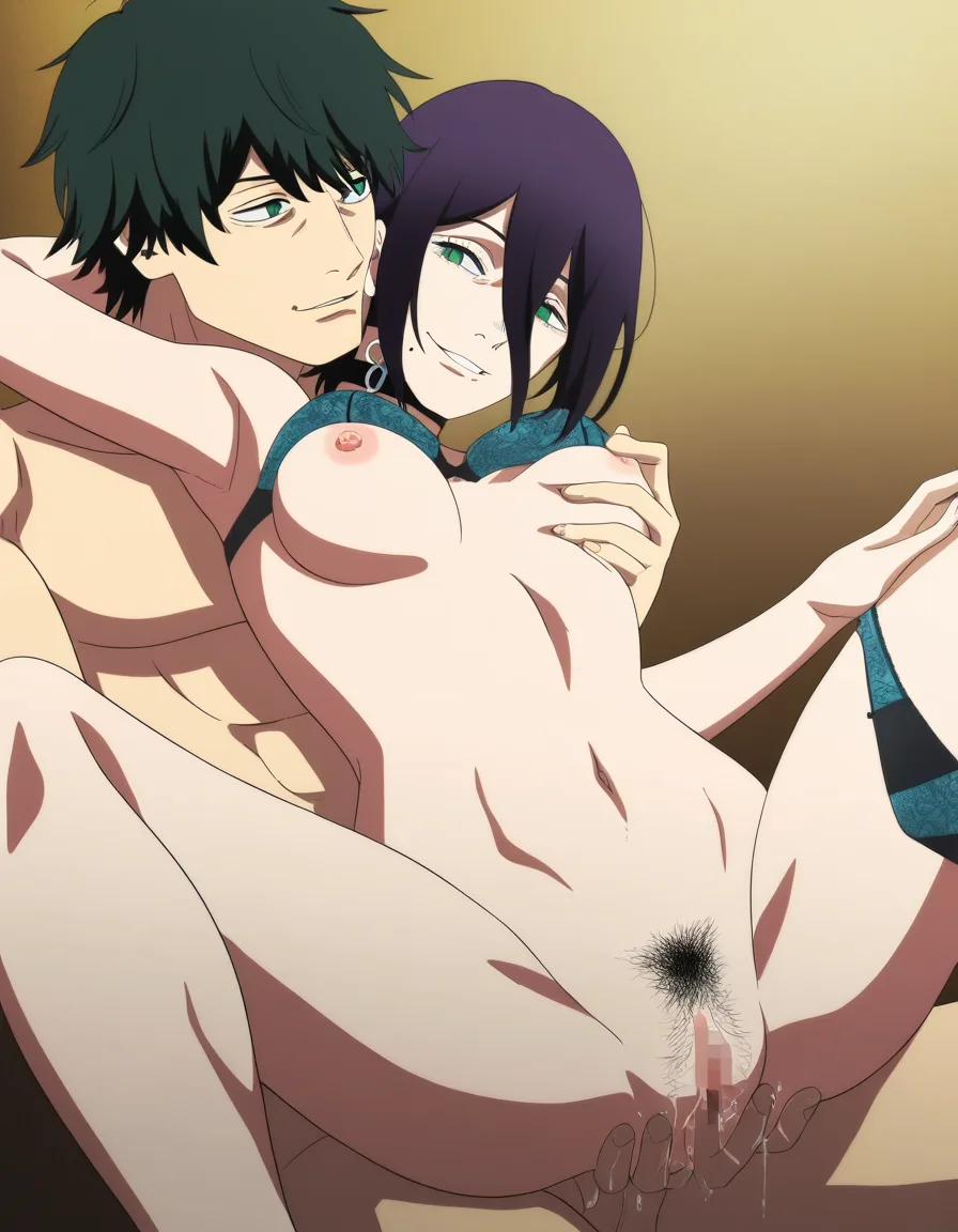 /masterpiece, /best_quality, @reze_(chainsaw_man) , fully nude, small_breasts, champagne room position, legs open, spread_legs, presenting, pubic_hair, bra lift, panties_around_one_leg, seductive_smile, leaning_back, grabbing_from_behind, pussy_juice, nipple_stimulation, groping from behind, (anime style:1.3), 2d, anime screencap, cel shading, flat color
