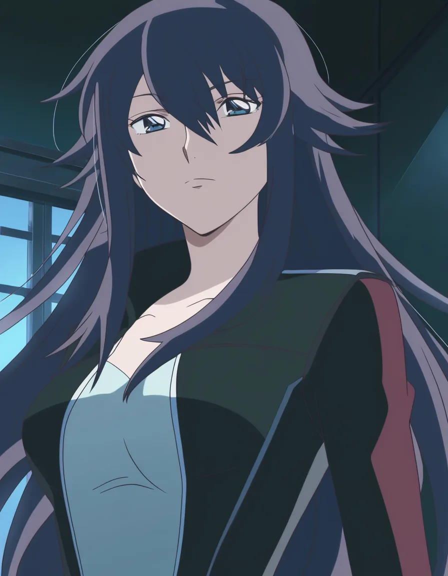 a woman with long dark hair in a black silk slip, soft window light, shot on film, (anime style:1.3), 2d, anime screencap, cel shading, flat color