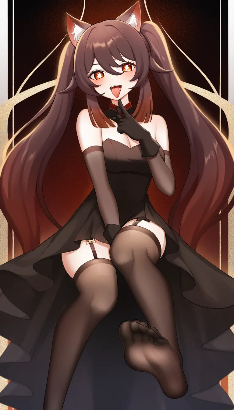 @hu_tao_(genshin_impact) #black_gloves #white_thighhighs #dress #cat_ears #solo feet #knees_together_feet_apart 
Feet directed to viewer, #tongue_out, hentai_studio_quality