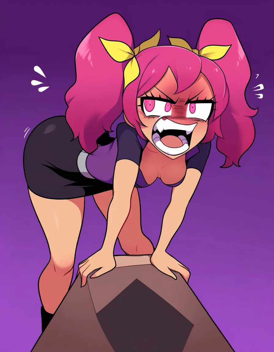 pink_hair , laughing , bent_over, small_breasts, ass, skirt, angry, pink_eyes purple_background yellow_bow, hentai_studio_quality