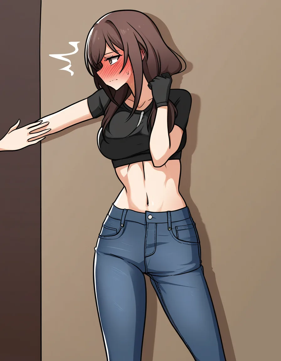 Girl in wrangler flared jeans. Up against a wall. Embarrassed and flushed look. from_behind from_above, hentai_studio_quality