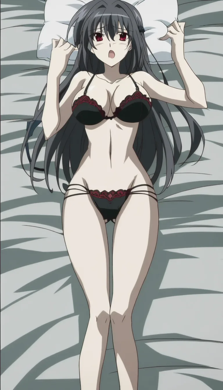 I want a maid with long black hair that goes to the end of her waist and dark red eyes to be in a bedroom lying on a bed, in a maid outfit that's VERY VERY revealing stripping and has big boobs and lacy revealing panties and bra and takes that off too leaving her naked and she desperately humps a pillow moaning and gasping with desperation