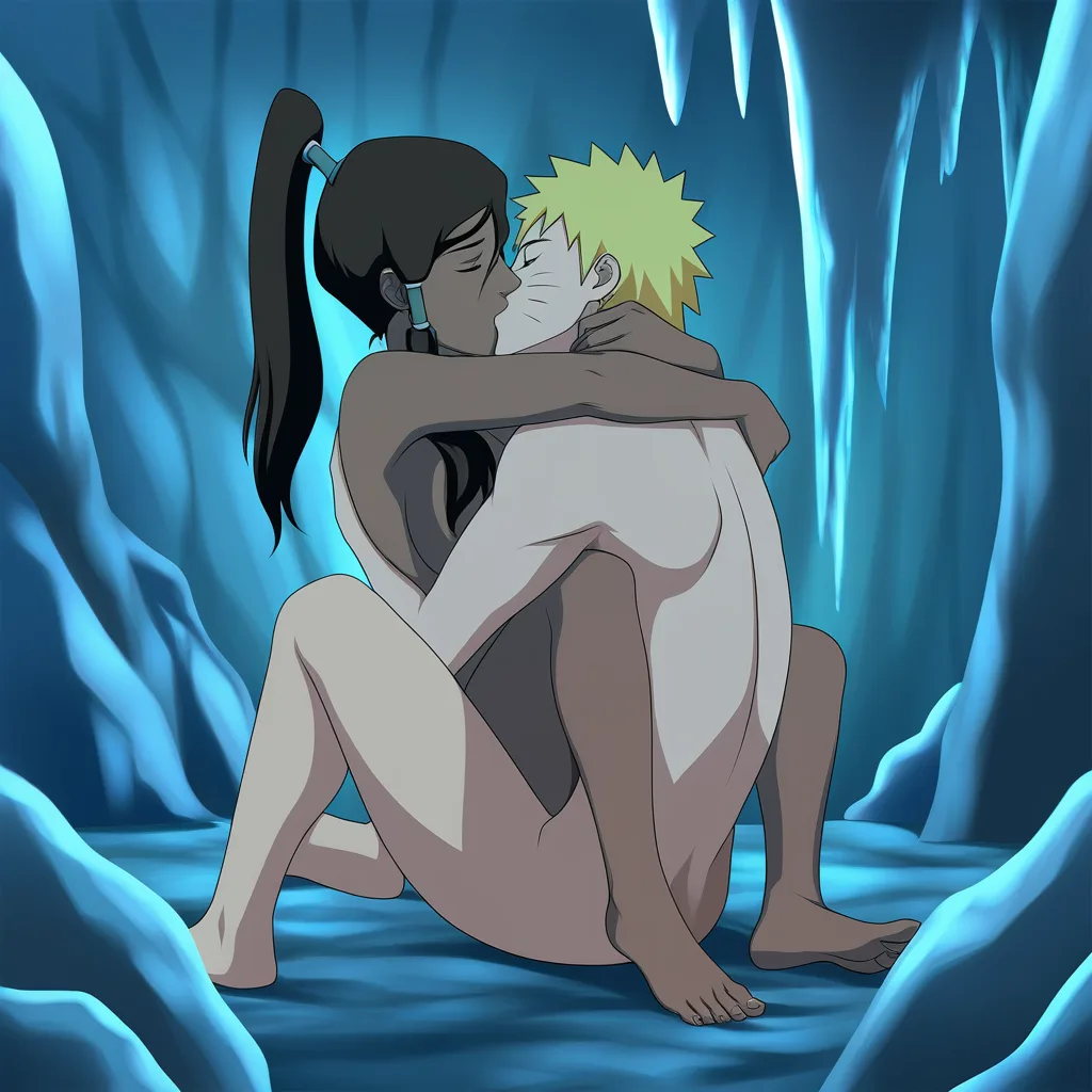 @Naruto Uzumaki, @korra, nude, ponytail, missionary, hug, kiss, ice cave, hentai_studio_quality