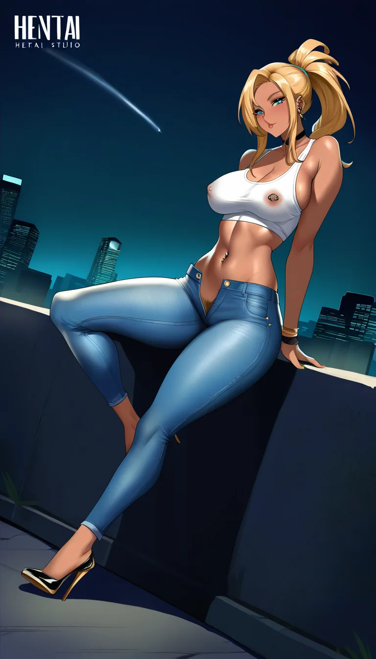 blonde_hair, low waist jeans, white_tank_top, nipple_piercing, female_pubic_hair, high_heels, high_ponytail, open_fly, night