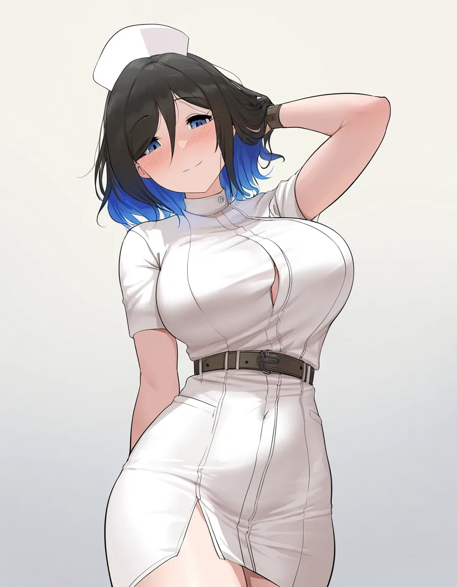 masterpiece, fine detail, nurse, athletic build, belt, presenting, gradient background, dreamy atmosphere, manga panel look, hentai_studio_quality