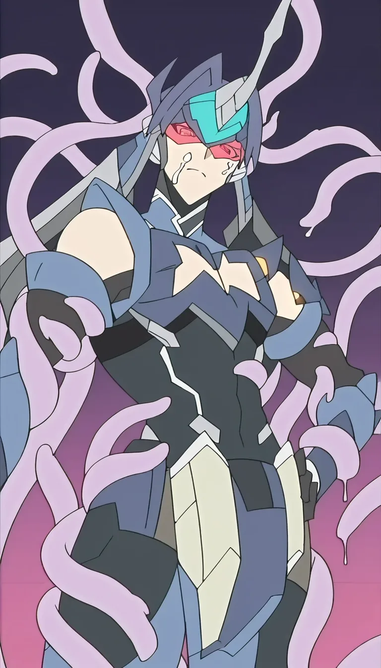 robot guard by gate showing up tentacle from all side to robot and start fuck robot guard tentacle move in body that robot from under down,another two grab his both gun one tentacle close to front up part body and release cum on face visor in front place two tentacle penetrate in both gun from front slime hanging on that gun of tentacle