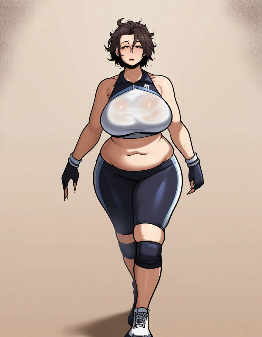 mature_female short_hair plump large_breasts wide_hips fat, half-closed_eyes sportswear messy_hair full_body, hentai_studio_quality