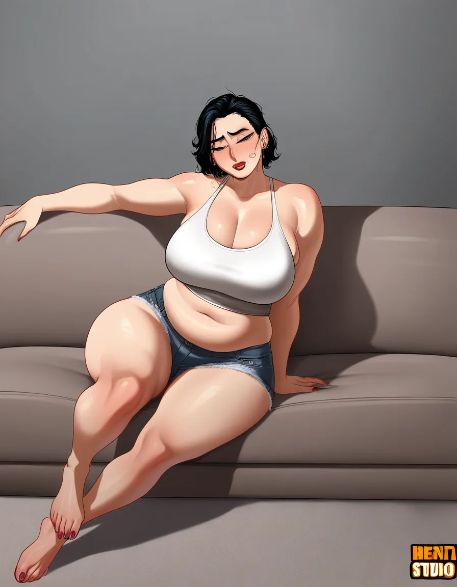 mature_female short_hair plump large_breasts wide_hips fat, half-closed_eyes messy_hair full_body tank_top denim_shorts barefoot bare_legs sitting couch, hentai_studio_quality