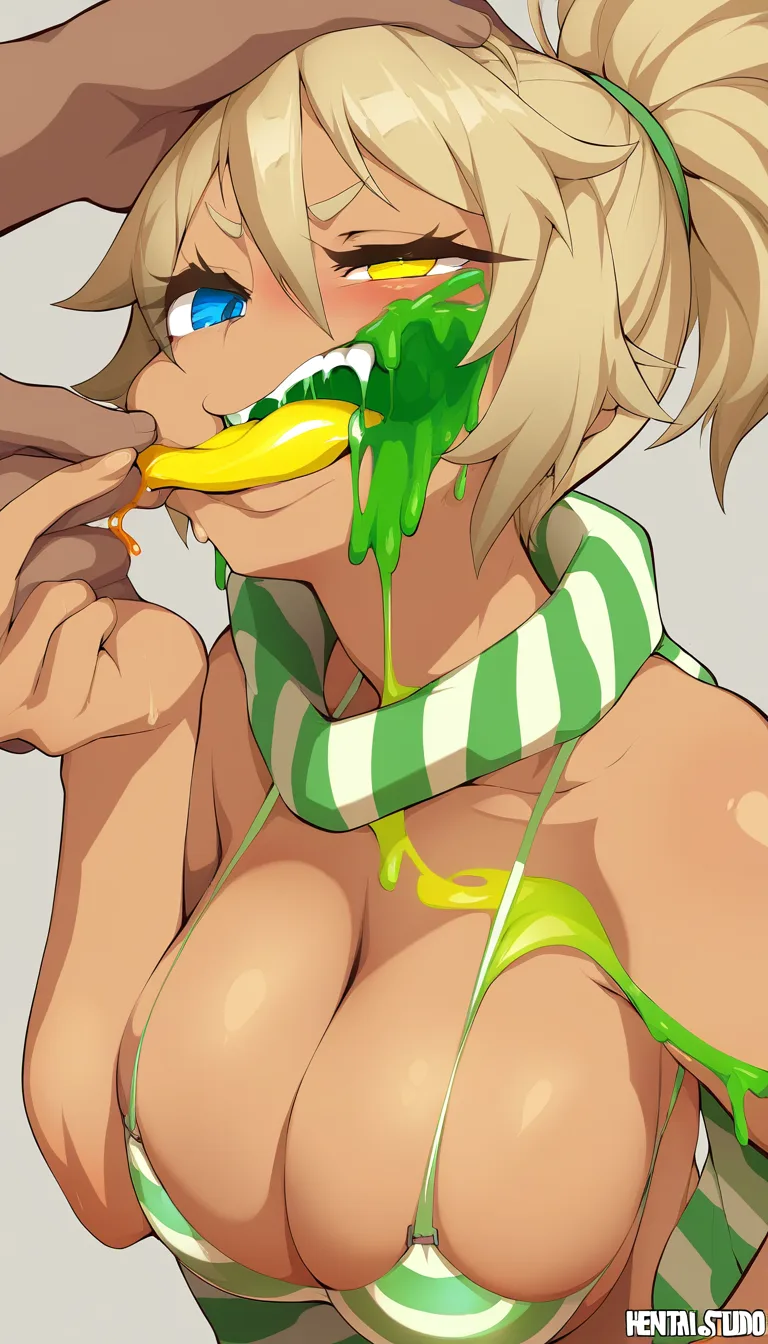 a sexy beige skinned anime girl with yellow eyes and brown ponytail (long Chessy melting steamy saliva yellow tongue) (putting her tongue in a beachy girl (who is wearing a green and white striped bra and has blue eyes and blonde ponytail) 's mouth while holding her head still)