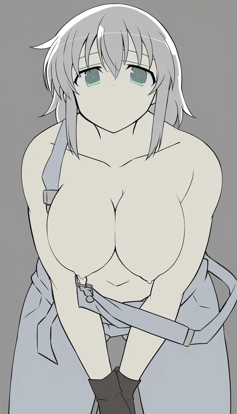 Senran kagura mechanic woman big tits wearing only overalls with exposed nipples bent over looking up at viewer