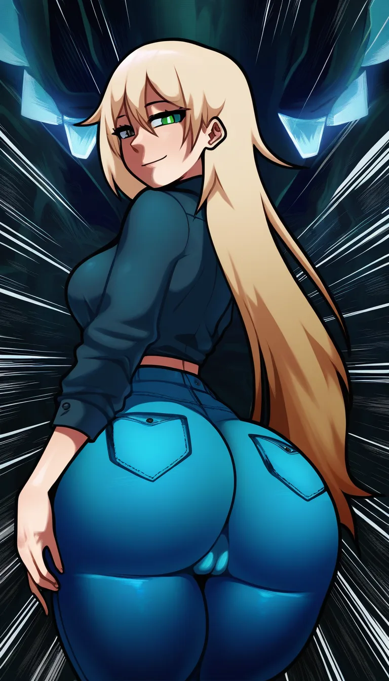 3.  no robot, no decent art, single frame, professional art, shirt visible, Masterpiece, natural perky medium  ass,  natural perky medium breasts, , look at viewer,1 girl, forest background,  Anime Female With Long blonde hair, heterochromia, blue and green eyes, from behind, stand, legs together, blue pants, blue unbuttoned shirt, cameltoe, soft smile ... single continuous shot, full widescreen view, one single image, uninterrupted scene, no borders, no panels, wide angle cinematic photograph, single perspective, edge-to-edge frame ... modern digital drawing style, clean monoline ink linework, flat cel shading with minimal soft gradients, vibrant color palette with high-contrast accent tones, minimalist geometric background elements, crisp vector-like finish, contemporary graphic illustration,,,,, hentai_studio_quality, hentai_studio_quality, hentai_studio_quality, hentai_studio_quality, hentai_studio_quality