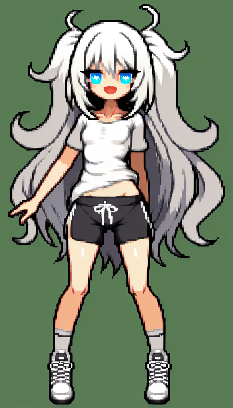 pixel art, high quality 32-bit style, clean pixels, full body sprite, front view, no background, transparent background, consistent character design, beautiful young woman, long wavy white hair, detailed pretty face, light blue eyes, fair skin, slim sexy figure, wearing a tight white button-up shirt and short black dolphin shorts, white socks and sneakers, very flushed face, open mouth, heart-shaped eyes, corrupted expression, hentai_studio_quality, hentai_studio_quality, hentai_studio_quality