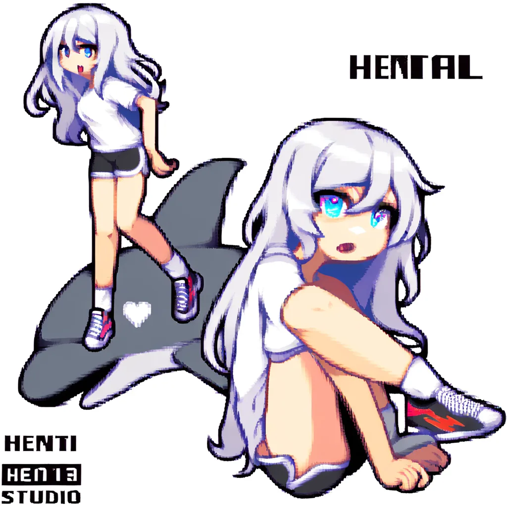 pixel art, high quality 32-bit style, clean pixels, full body sprite, front view, no background, transparent background, consistent character design, beautiful young woman, long wavy white hair, detailed pretty face, light blue eyes, fair skin, slim sexy figure, wearing a tight white button-up shirt and short black dolphin shorts, white socks and sneakers, very flushed face, open mouth, heart-shaped eyes, corrupted expression, hentai_studio_quality, hentai_studio_quality, hentai_studio_quality, hentai_studio_quality, hentai_studio_quality, hentai_studio_quality