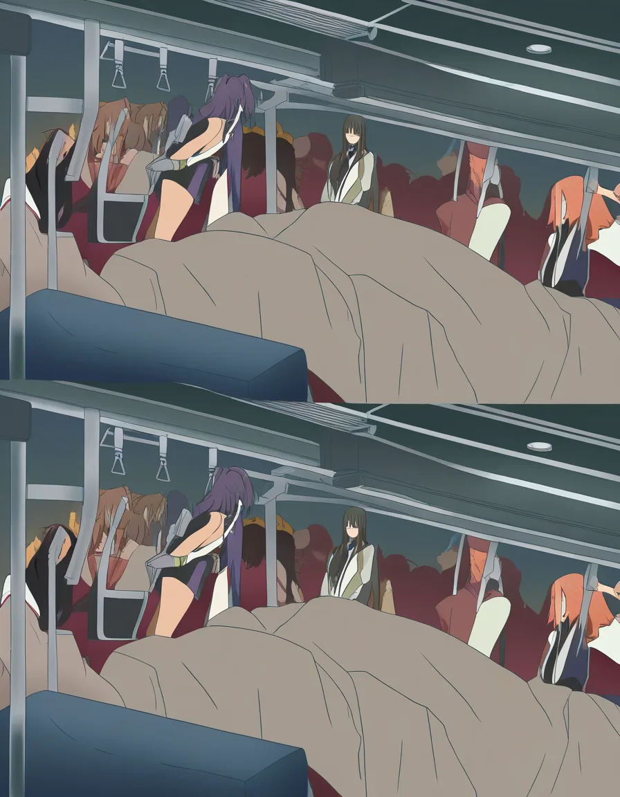 Asian girl got Giant penis deep in pussy from behind, hidden sex on a crowded train, hentai_studio_quality, (anime style:1.3), 2d, anime screencap, cel shading, flat color, @00osamio00