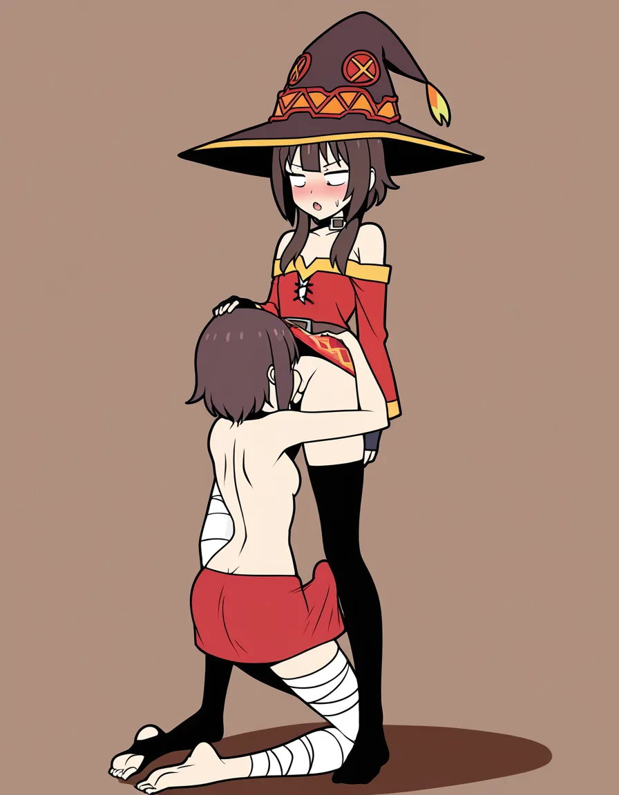 @megumin, futanari, standing, @satou_kazuma, kneeling, blowjob, hentai_studio_quality