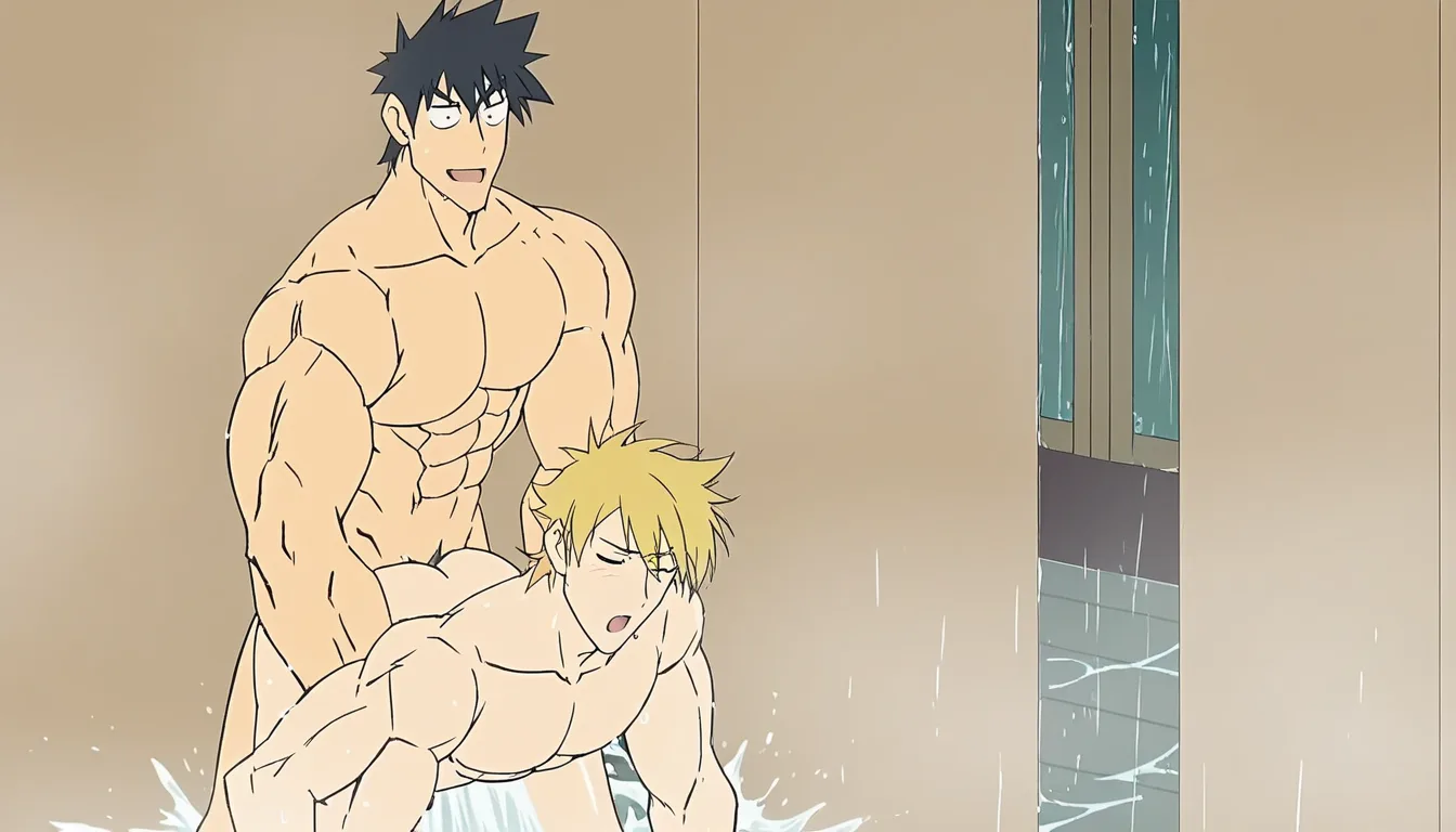 bl, tall muscular handsome black-haired man vigorously fucking slender pretty blonde man in the shower, hard thrusting, black-haired man much bigger and stronger, blonde slim and delicate, moaning, wet skin, water running down their bodies, anime style, uncensored, high detail,3D,anime coloring